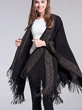 Simonetta Women’s Black With Gold Shimmer Striped Poncho/Wrap